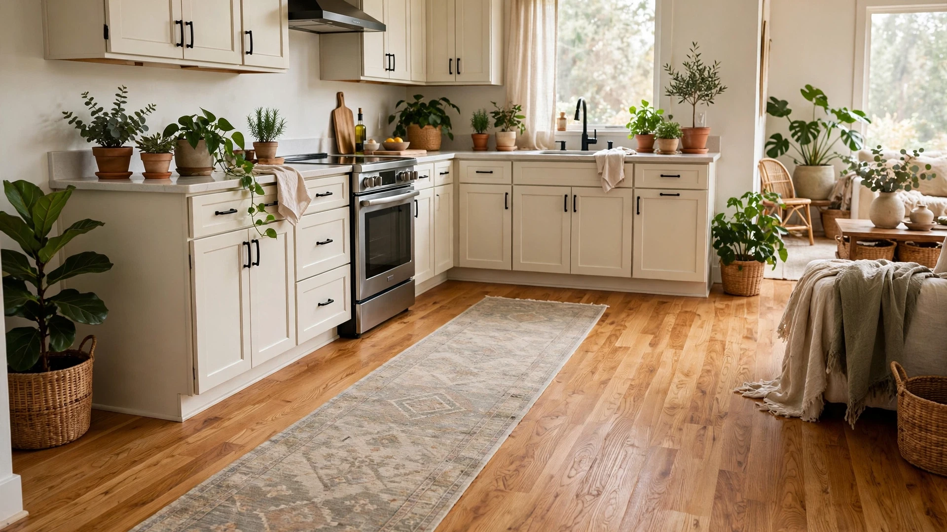 12 Kitchen Flooring Ideas 3 Warm honey-toned oak hardwood floors with cream cabinets and a runner rug
