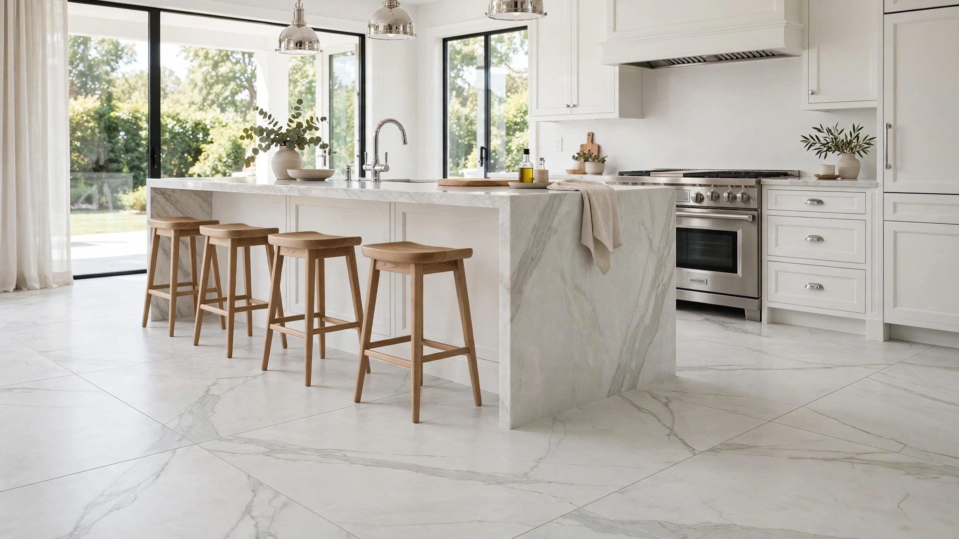 12 Kitchen Flooring Ideas 4 Large-format marble-look porcelain floor tiles with soft veining in an airy kitchen