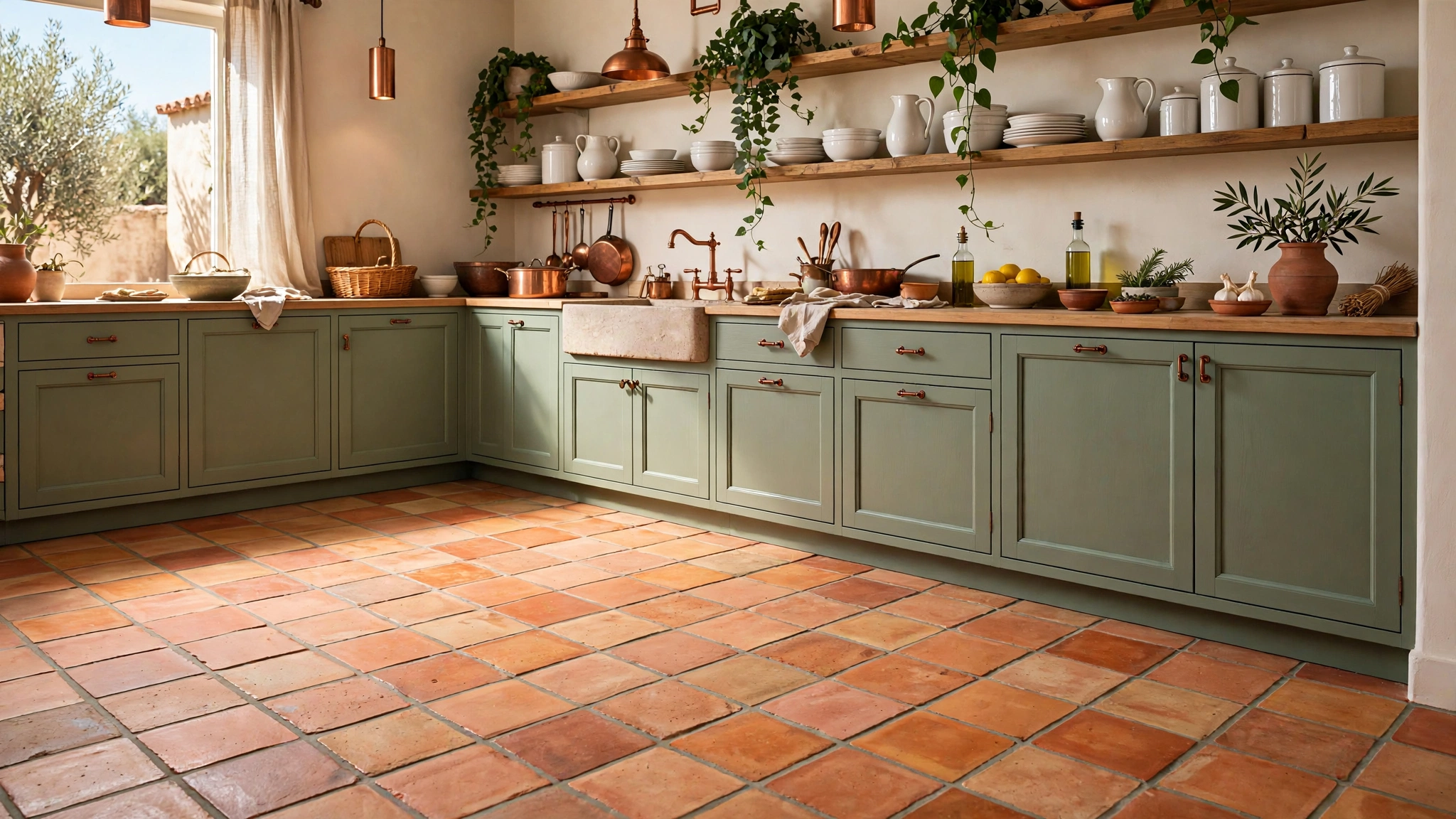 12 Kitchen Flooring Ideas 5 Terracotta clay tile floor in a sunny Mediterranean-style kitchen