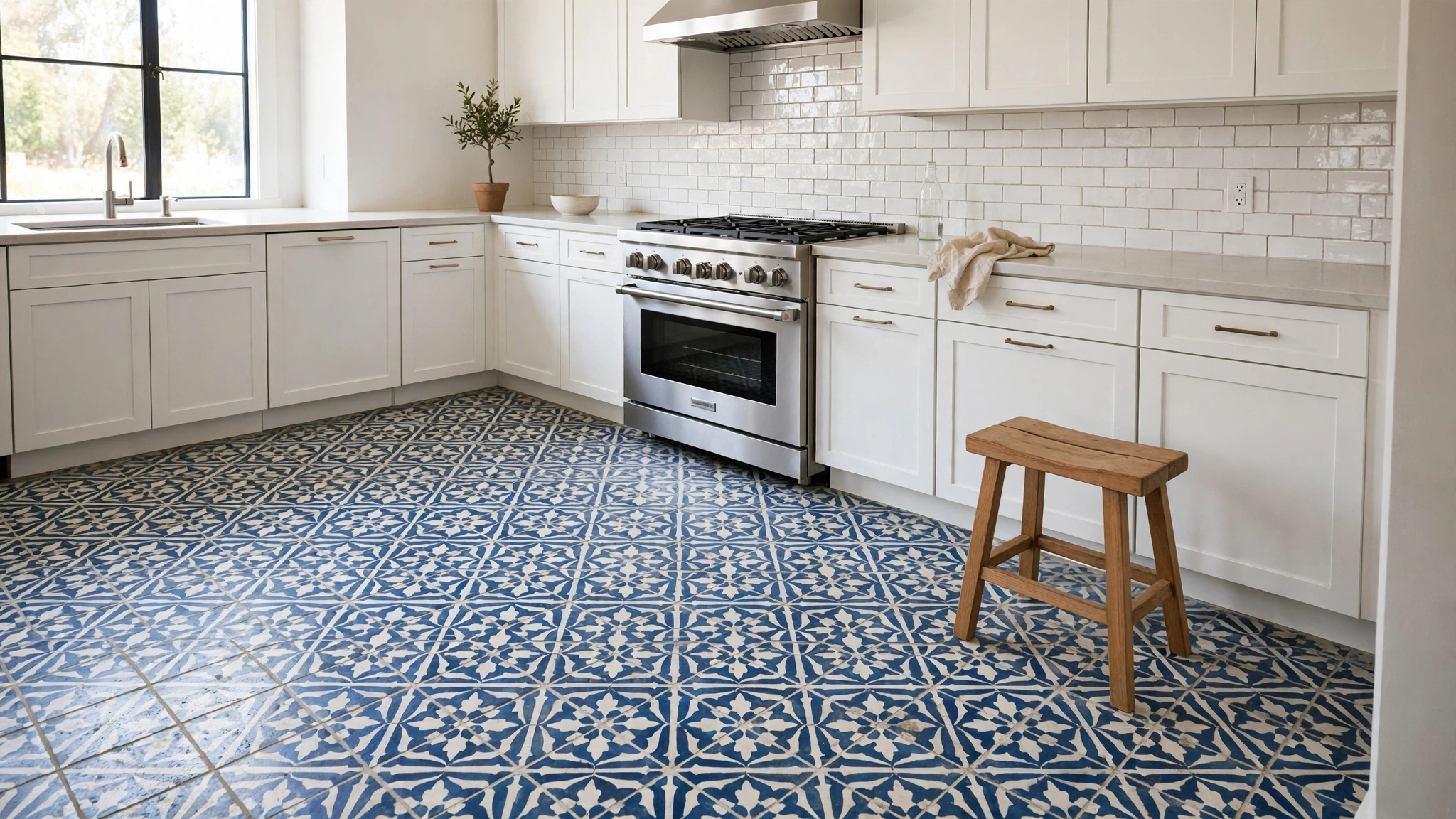 12 Kitchen Flooring Ideas 6 Blue-and-white patterned cement-look tile floor as the statement in a farmhouse kitchen