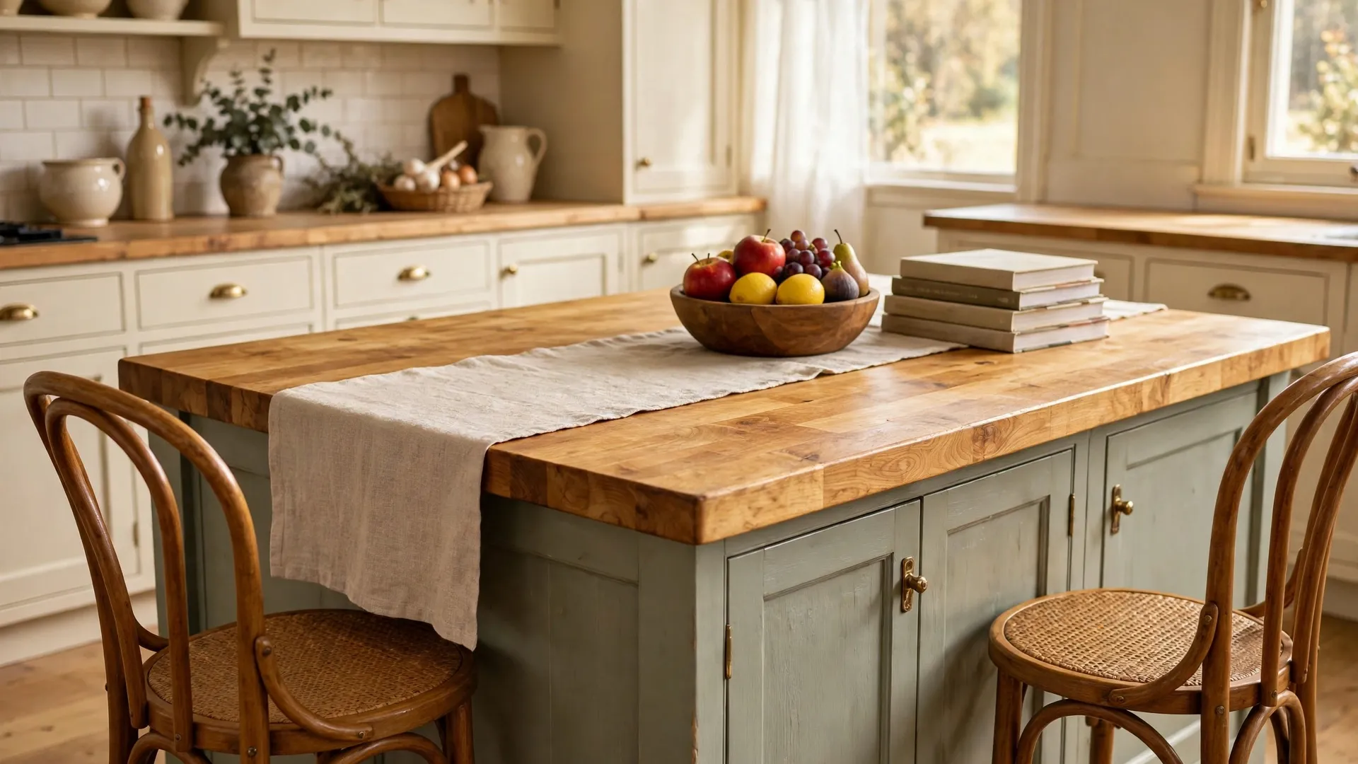 15 Kitchen Island Ideas for Every Space 2 Farmhouse kitchen island with golden butcher block top and sage green base