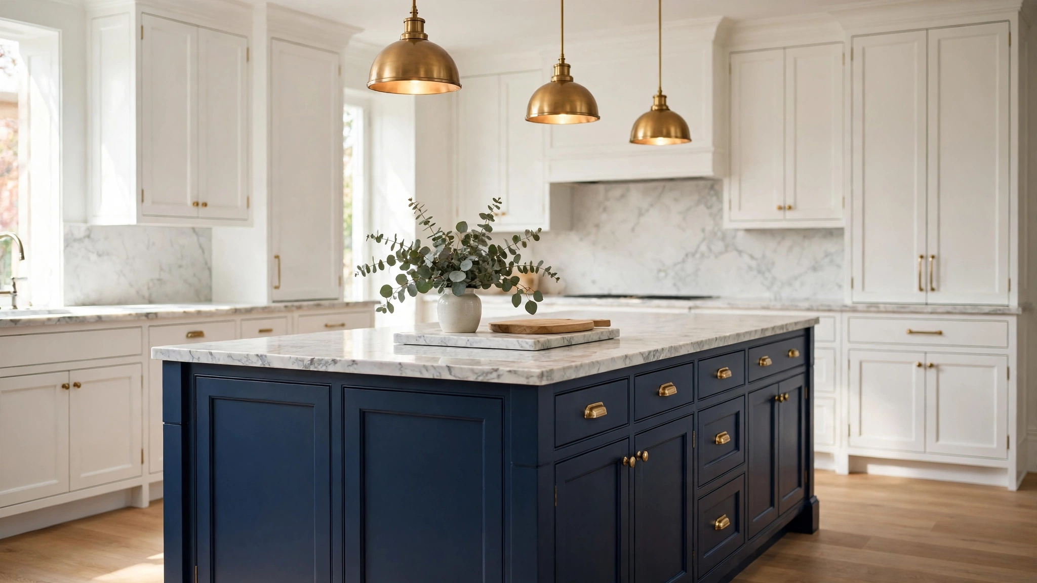 15 Kitchen Island Ideas for Every Space 3 Deep navy blue kitchen island with brass hardware and marble countertop