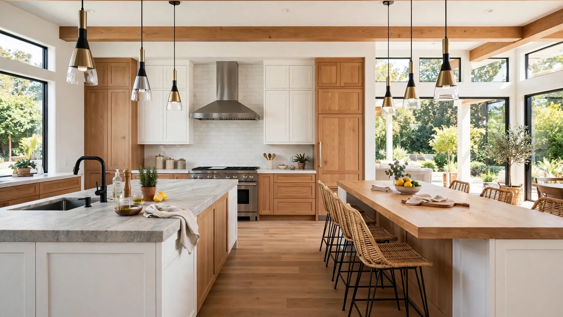 15 Kitchen Island Ideas for Every Space 4 Double island kitchen layout with a stone prep island and a wood seating island