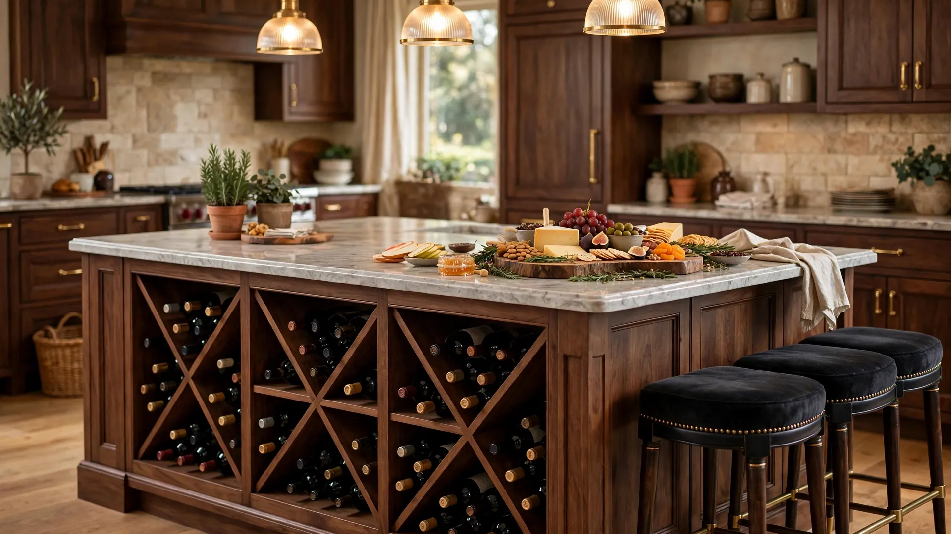 15 Kitchen Island Ideas for Every Space 5 Kitchen island with built-in wooden wine storage cubbies and serving countertop