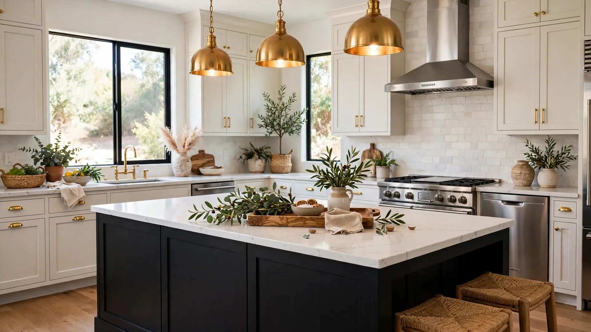 15 Kitchen Island Ideas for Every Space 6 Matte black kitchen island with white quartz countertop and brass accents