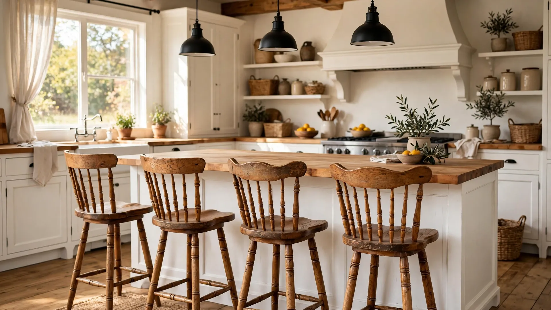 12 Kitchen Island Seating Ideas 2 Classic farmhouse counter stools with distressed wood along a white island