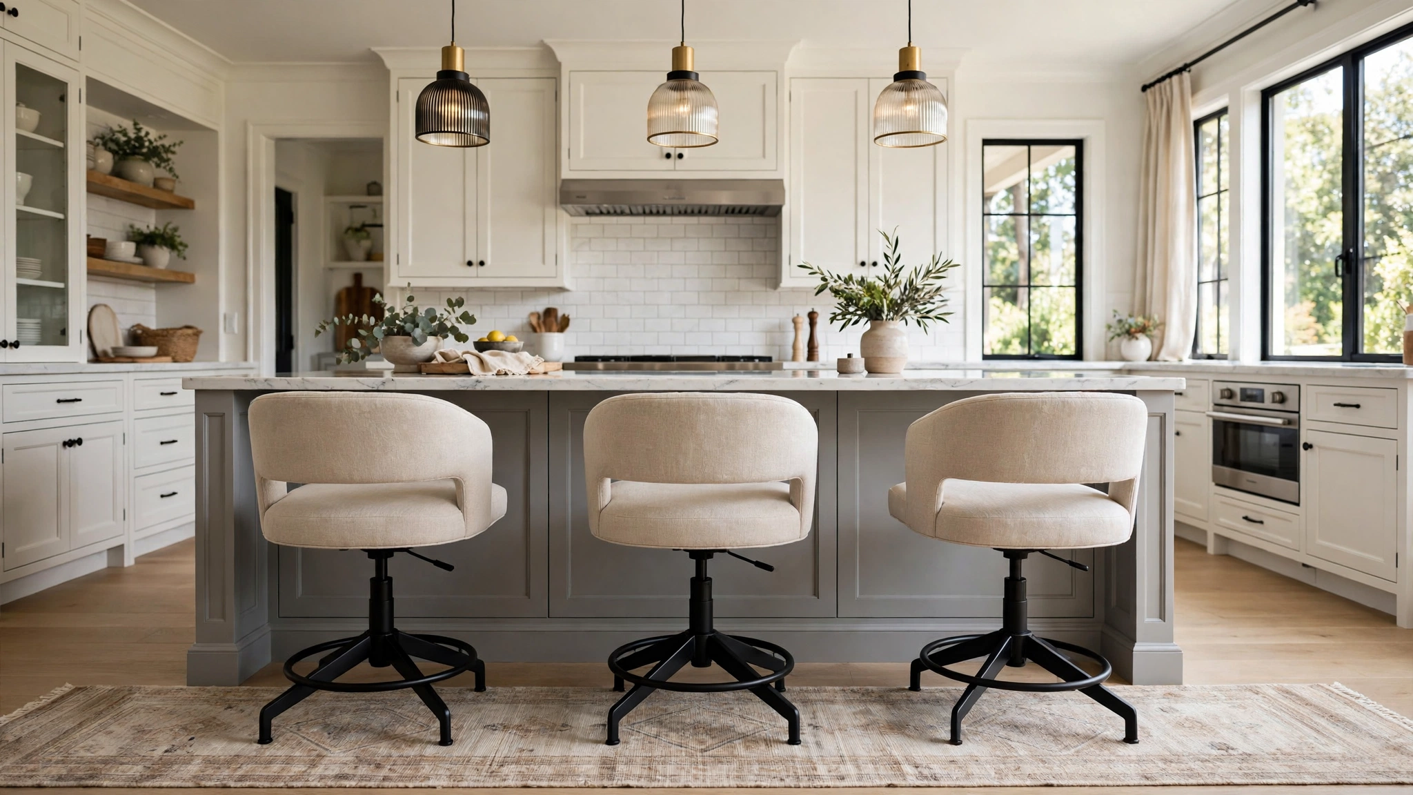 12 Kitchen Island Seating Ideas 4 Comfortable linen swivel barstools at a gray kitchen island