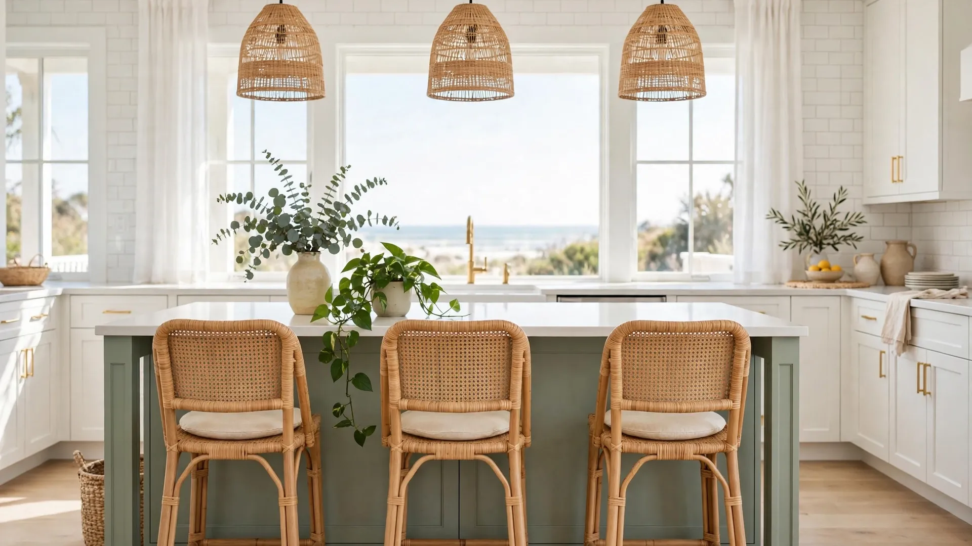 12 Kitchen Island Seating Ideas 6 Woven rattan counter stools at a sage-green coastal kitchen island