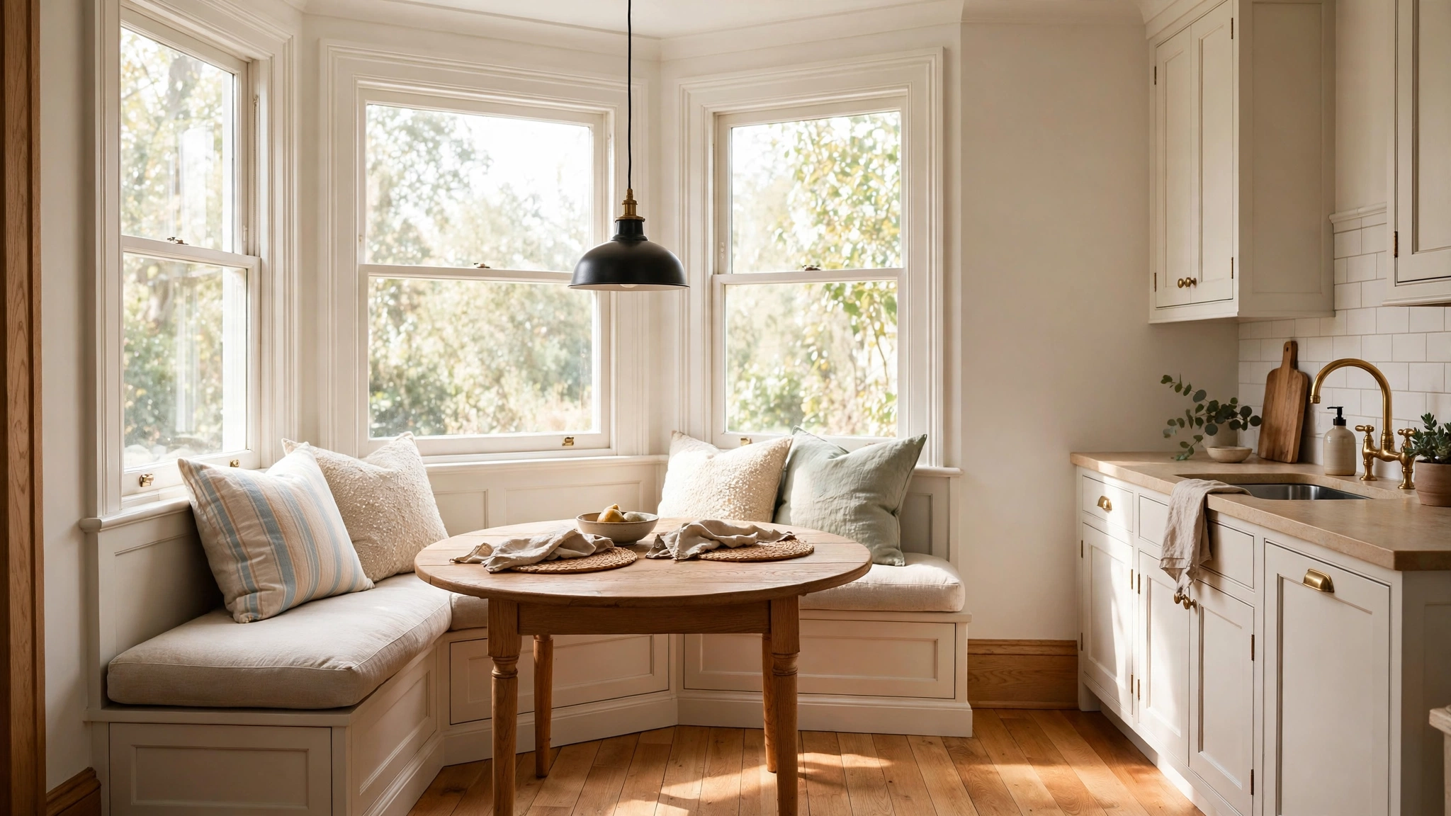 15 Kitchen Layout Ideas That Work 5 Cozy kitchen breakfast nook with banquette under bay window