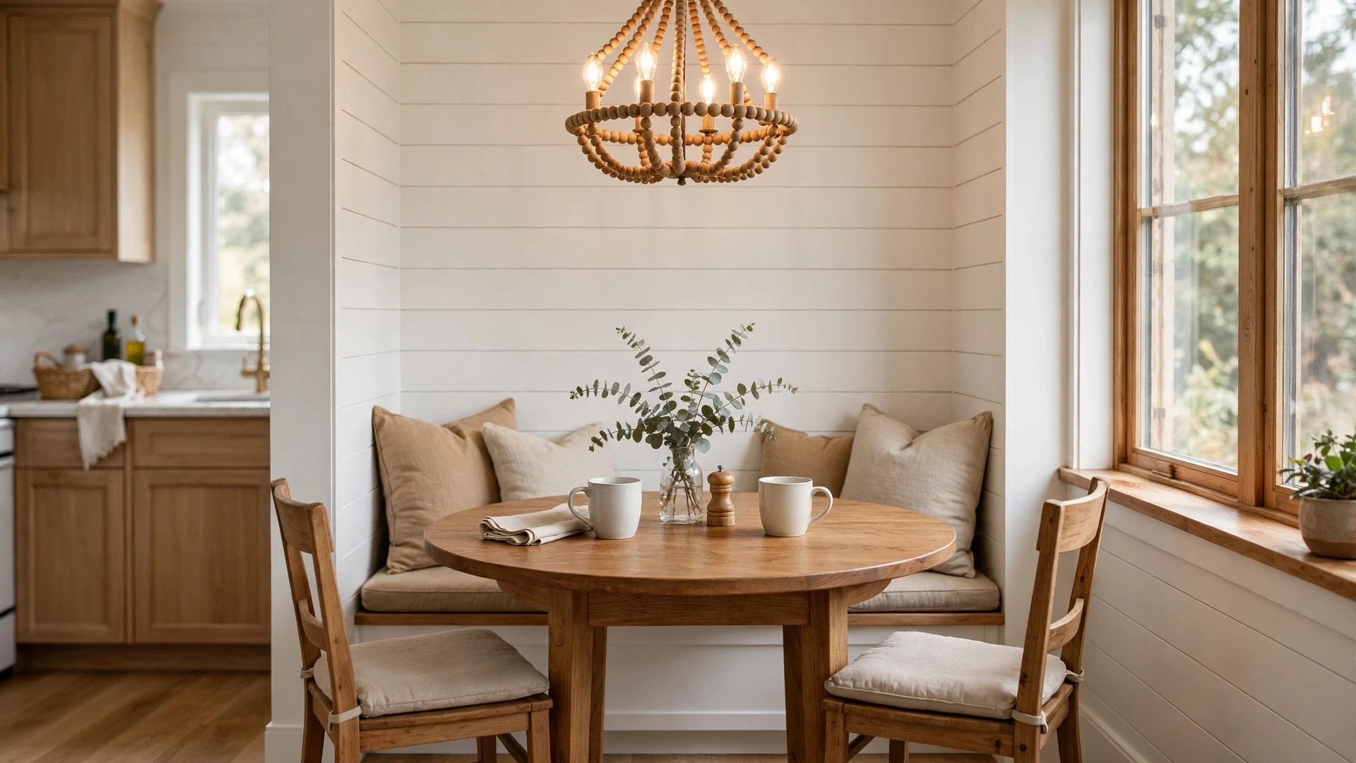 15 Kitchen Lighting Ideas 3 Beaded wooden chandelier with warm bulbs over a round table in a kitchen breakfast nook