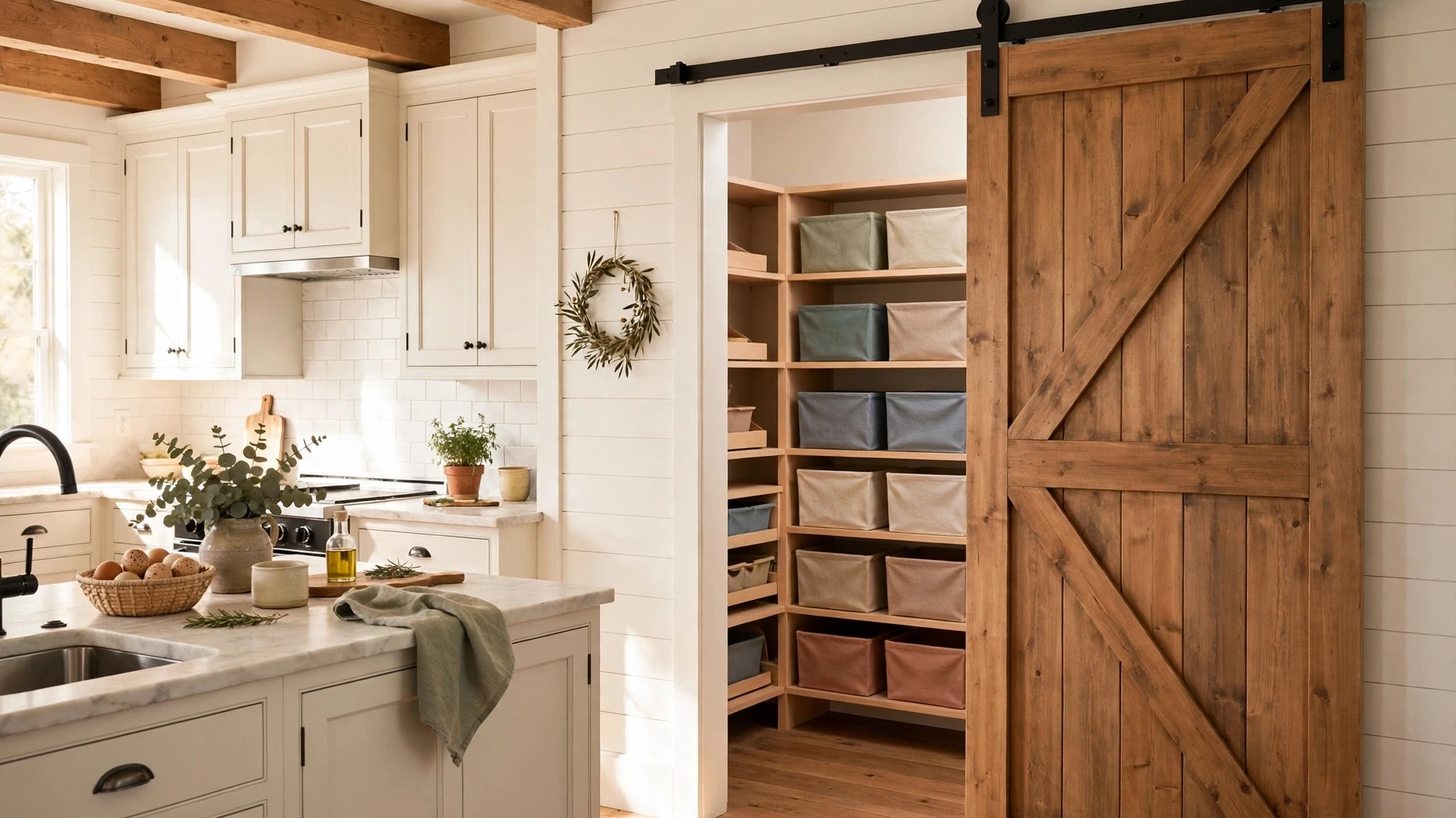 15 Kitchen Pantry Ideas 3 Sliding barn door pantry with warm wood door on black metal track