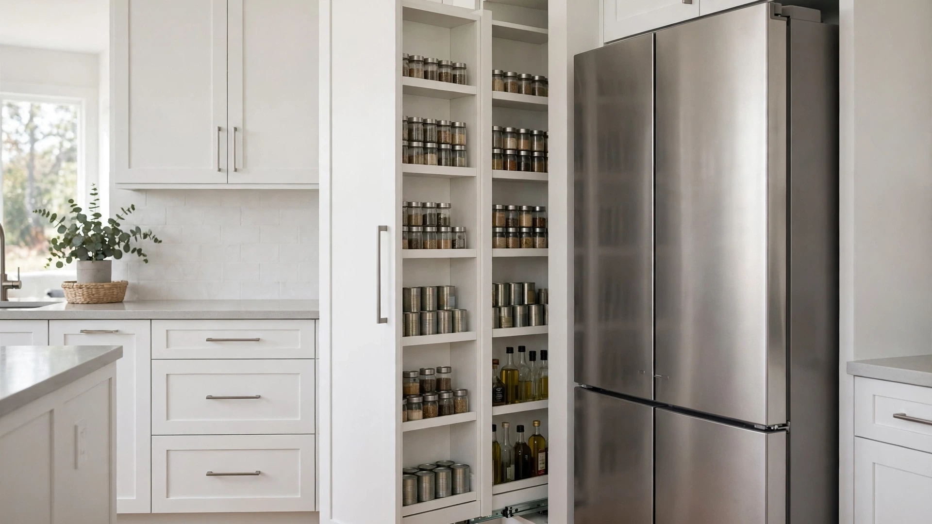15 Kitchen Pantry Ideas 6 Tall narrow pull-out pantry tower pulled out beside the refrigerator