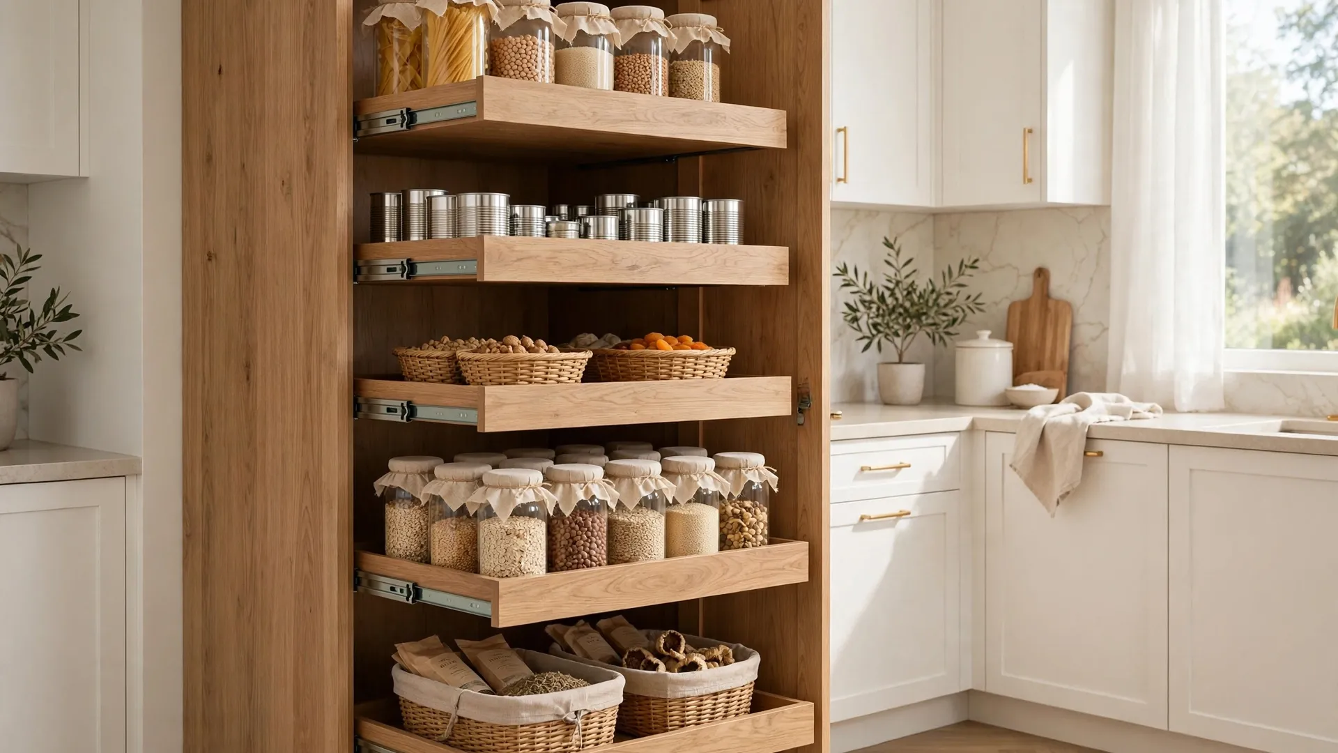 15 Clever Kitchen Storage Ideas 2 Tall cabinet with wooden pull-out pantry shelves slid open with organized groceries