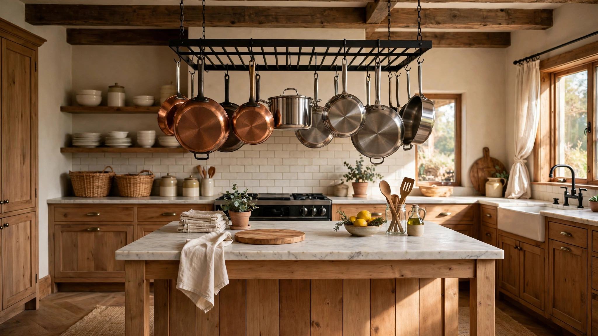 15 Clever Kitchen Storage Ideas 6 Ceiling-mounted metal pot rack with hanging pots above a kitchen island