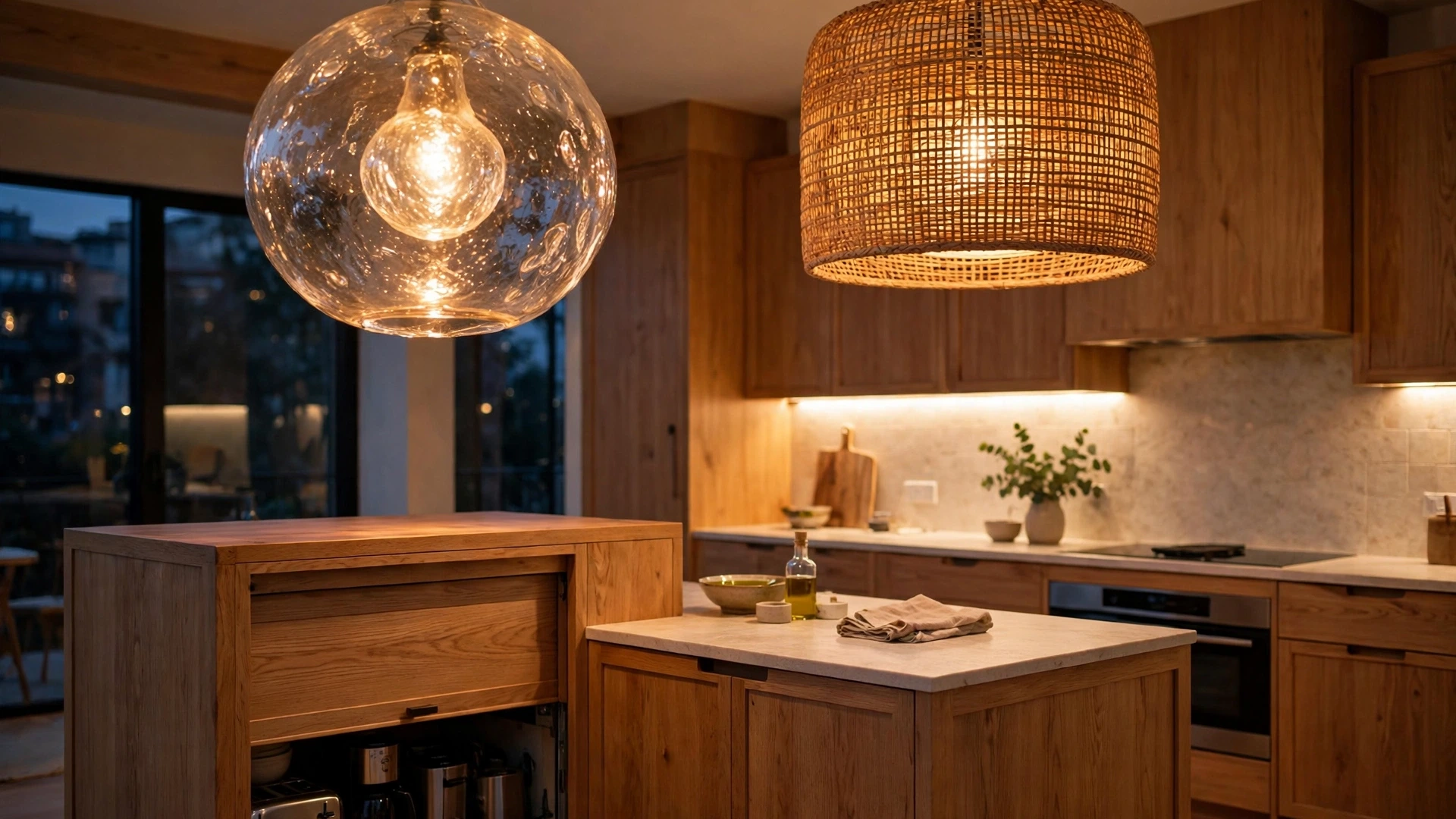 10 Kitchen Trends for 2026 3 Sculptural oversized pendant lights glowing over a warm oak kitchen island