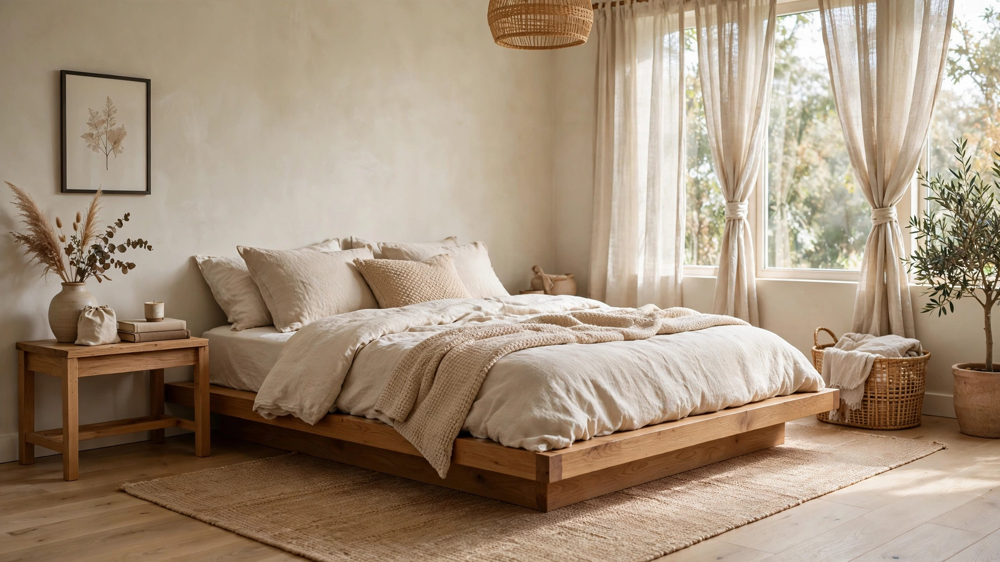15 Minimalist Bedroom Ideas for Better Sleep 2 Choose a Low Platform Bed in Natural Wood