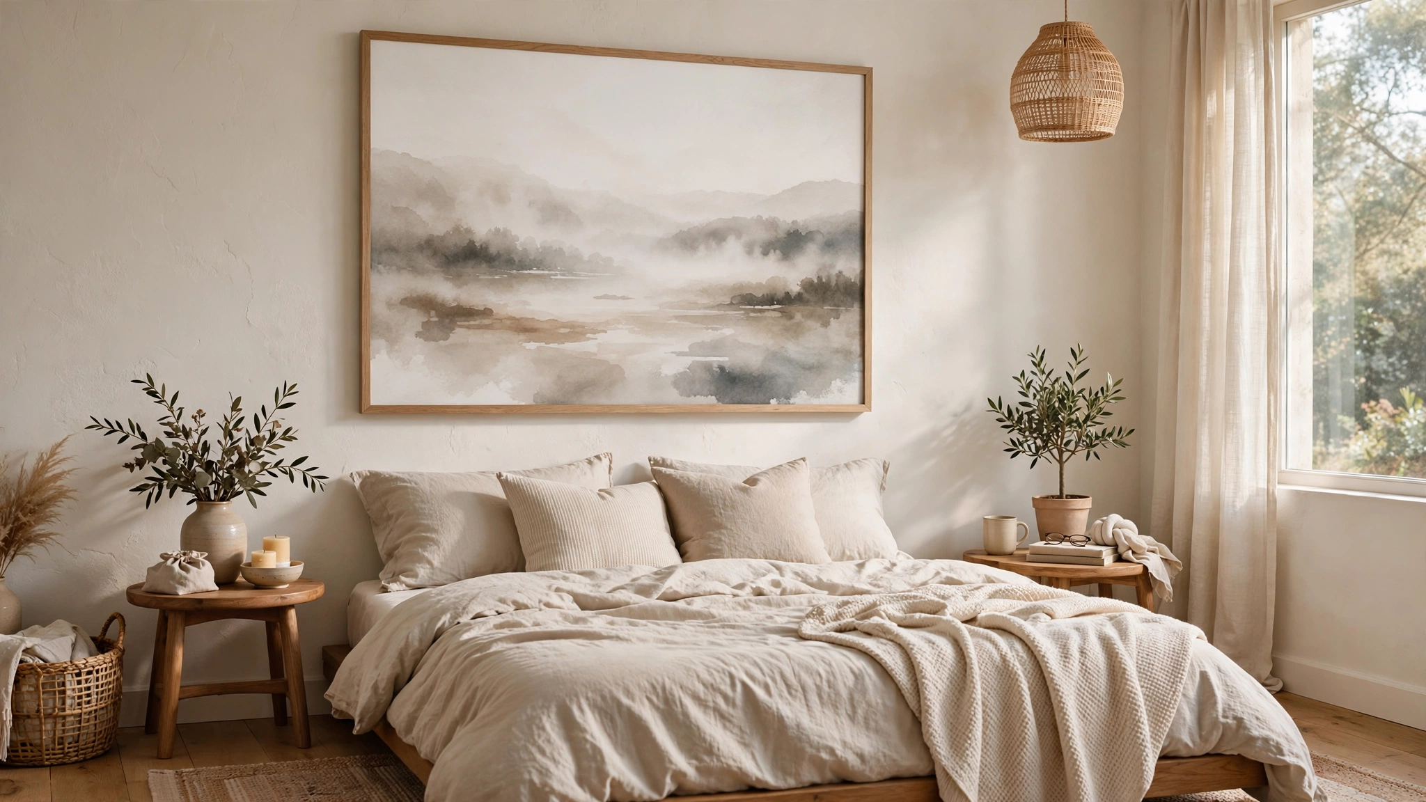 15 Minimalist Bedroom Ideas for Better Sleep 3 Hang One Piece of Oversized Art Above the Bed