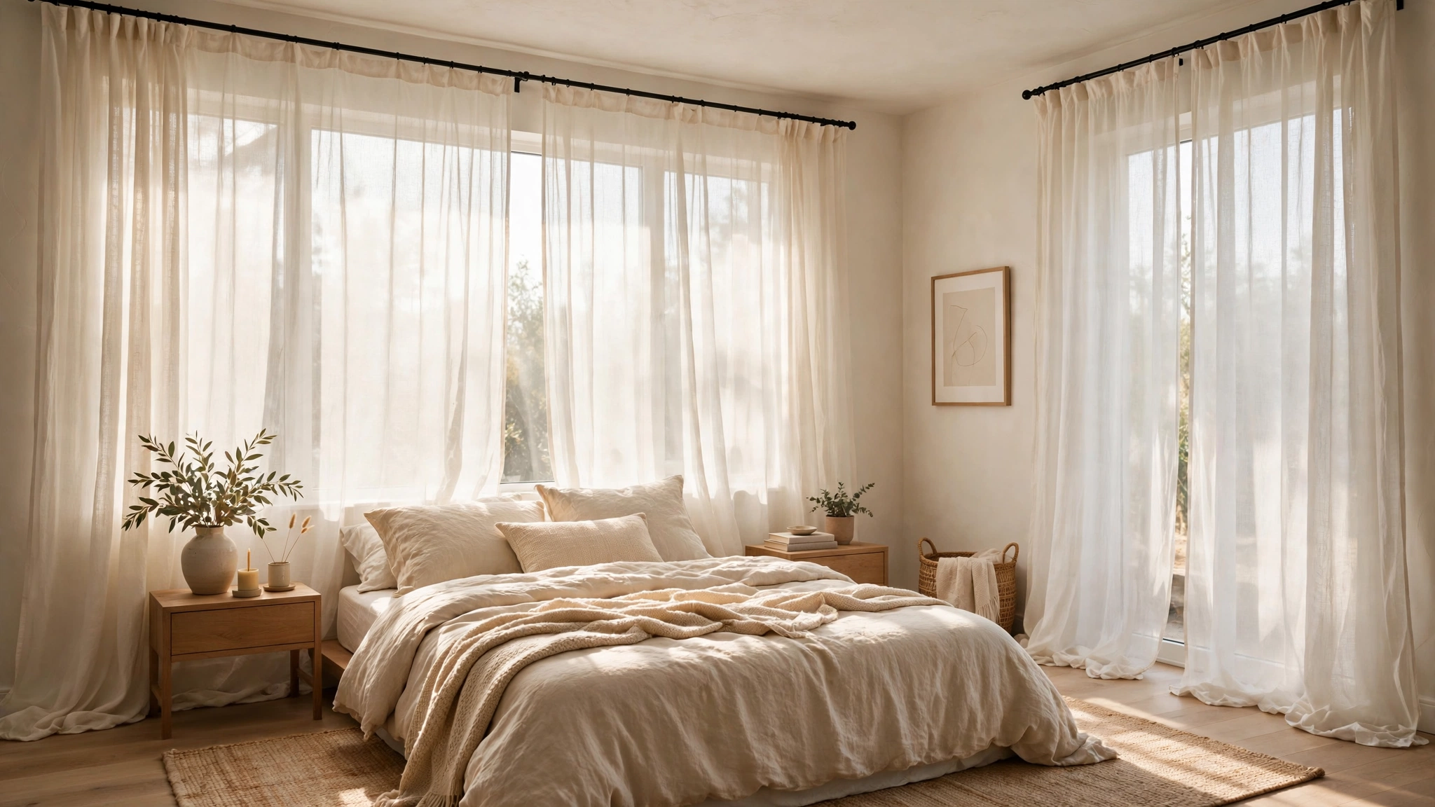 15 Minimalist Bedroom Ideas for Better Sleep 4 Float Sheer Curtains for Soft, Diffused Morning Light