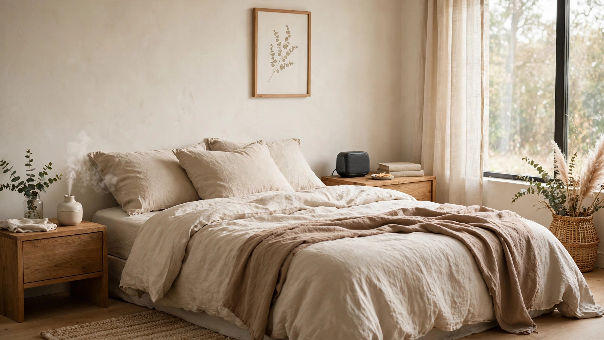 15 Minimalist Bedroom Ideas for Better Sleep 6 Finish with Scent, Sound, and a Made Bed