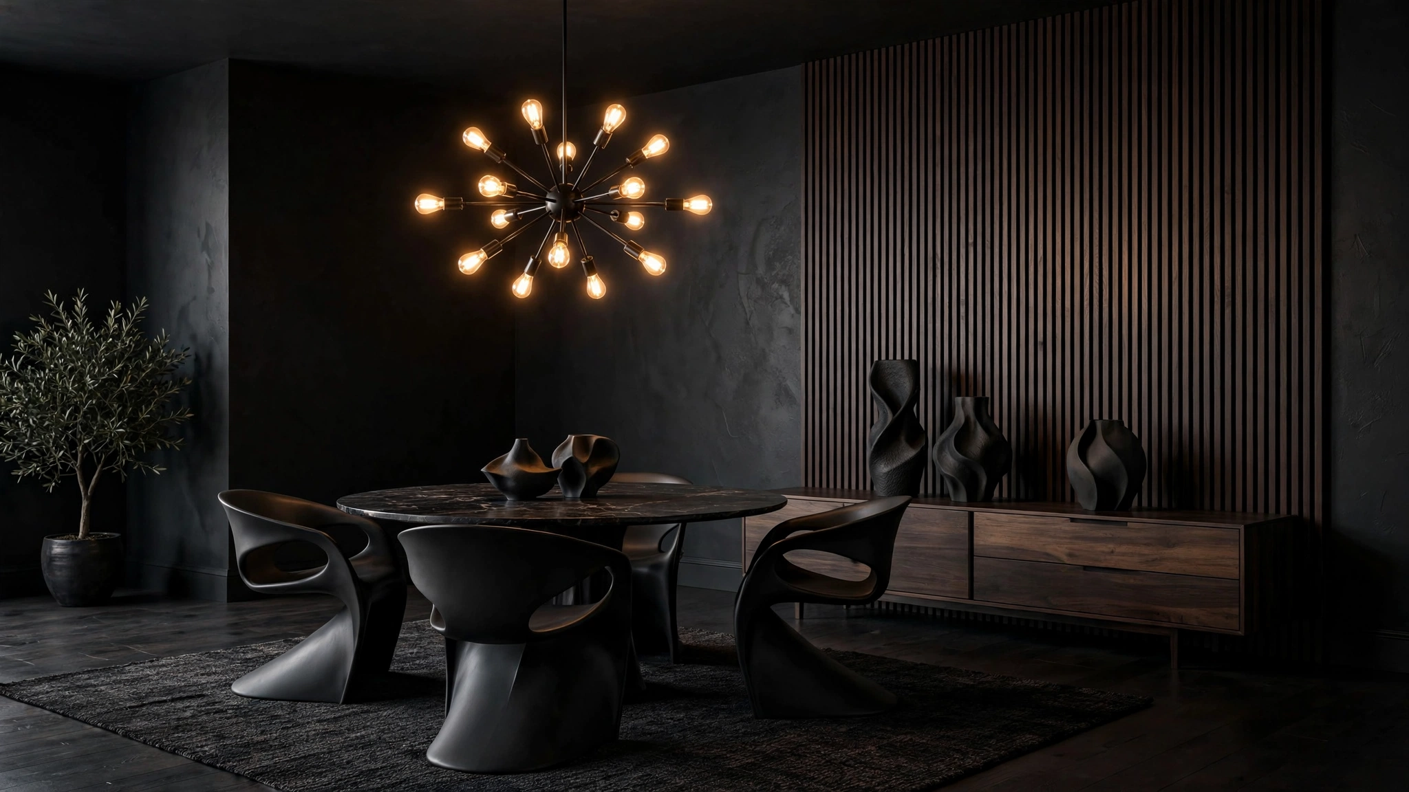 Moody Dining Room Ideas: 20 Dark, Dramatic Designs 4 Modern moody dining room with matte black walls and a black marble table