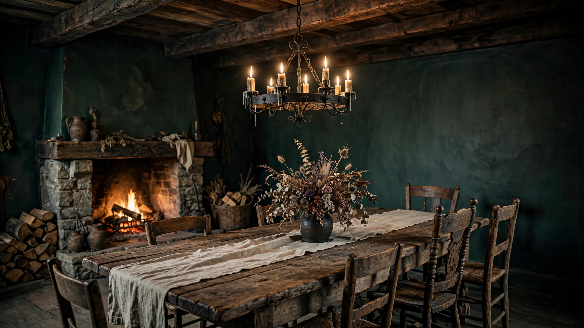 Moody Dining Room Ideas: 20 Dark, Dramatic Designs 5 Rustic moody dining room with forest green walls, farmhouse table and fireplace glow