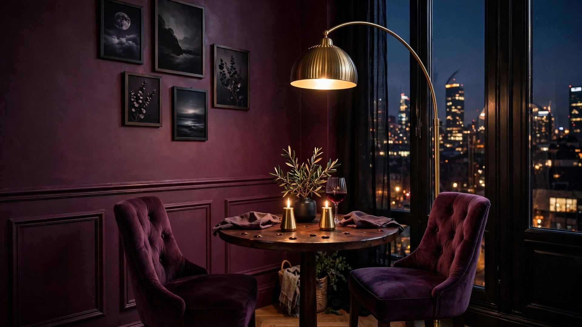 Moody Dining Room Ideas: 20 Dark, Dramatic Designs 6 Small moody dining room nook with plum walls and a glowing brass arc lamp