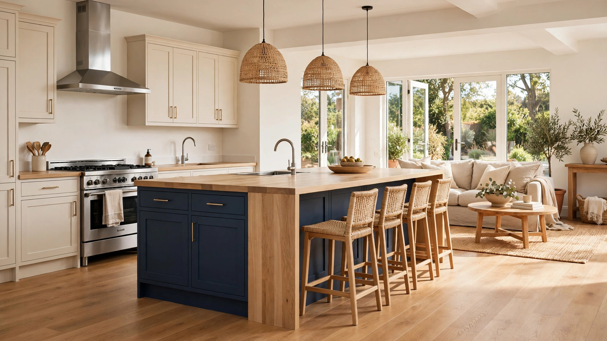 15 Open Concept Kitchen Ideas 2 Kitchen island dividing kitchen and living room with stools facing sofa