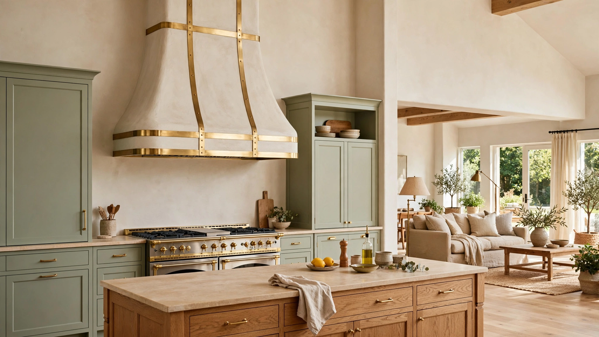 15 Open Concept Kitchen Ideas 3 Statement plaster range hood as focal point in open-plan kitchen