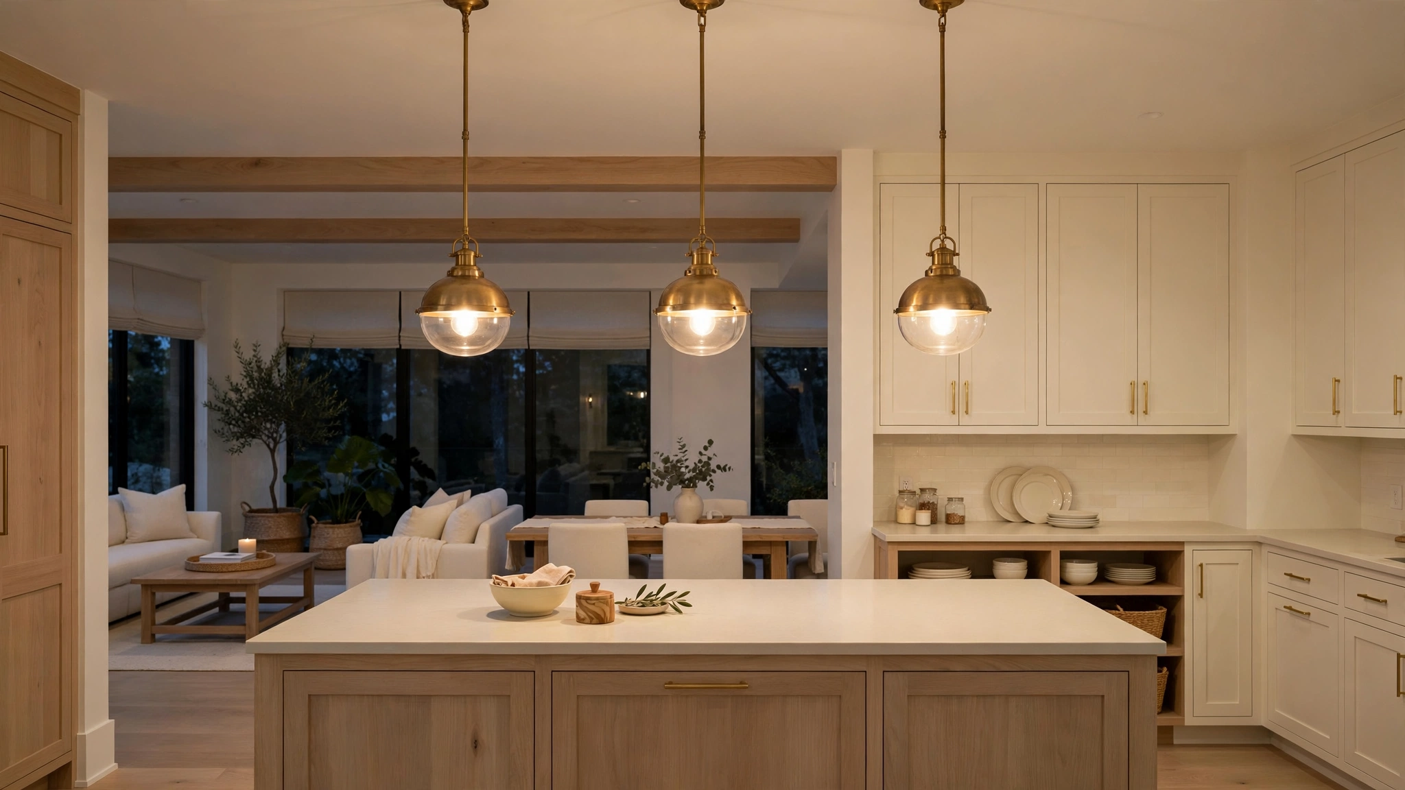 15 Open Concept Kitchen Ideas 4 Pendant lights over island marking the kitchen zone at dusk