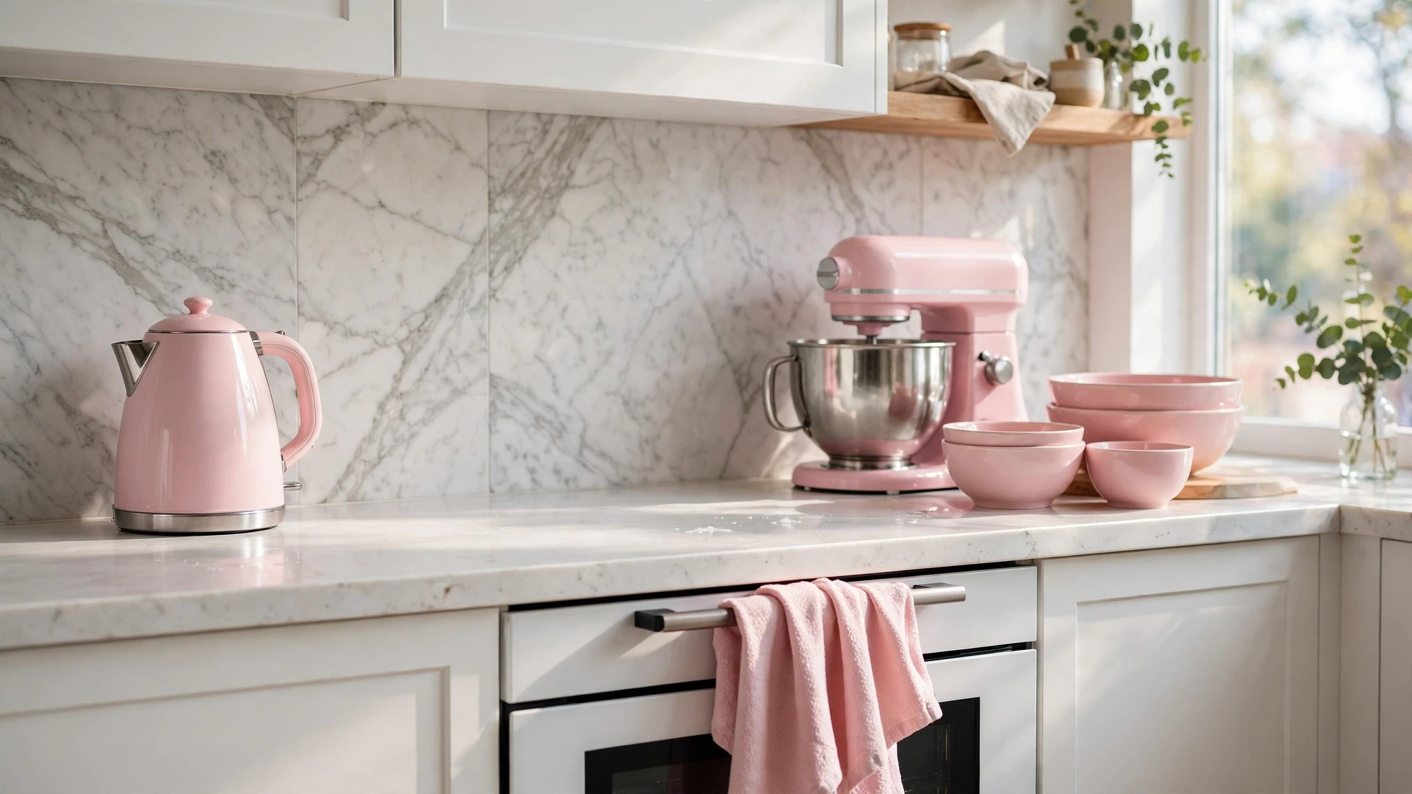 Pink Kitchen Decor: 20 Sweet & Sophisticated Ideas 5 Pink kitchen decor accessories including a pink kettle and pink bowls on a countertop