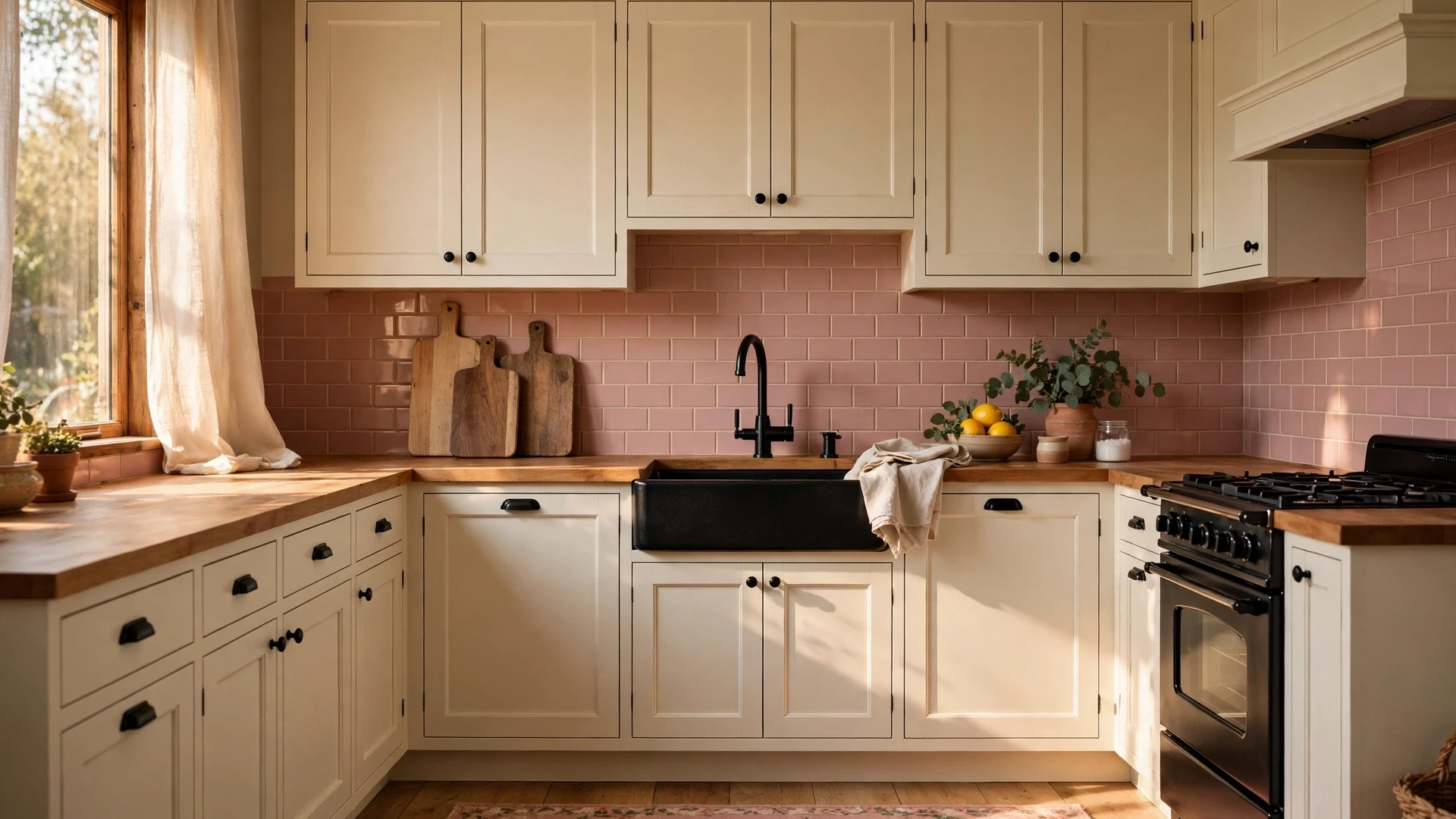 Pink Kitchen Decor: 20 Sweet & Sophisticated Ideas 4 Dusty pink kitchen decor with a pink subway tile backsplash in a farmhouse kitchen