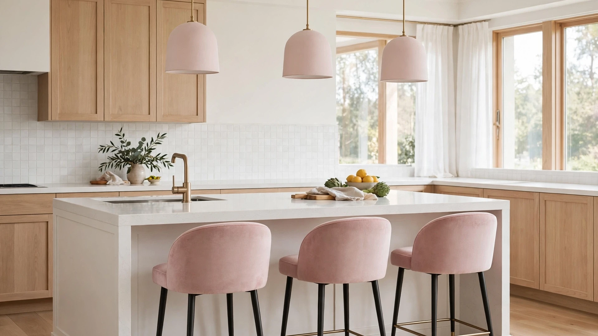 Pink Kitchen Decor: 20 Sweet & Sophisticated Ideas 2 Pink kitchen decor with blush velvet bar stools at a white kitchen island