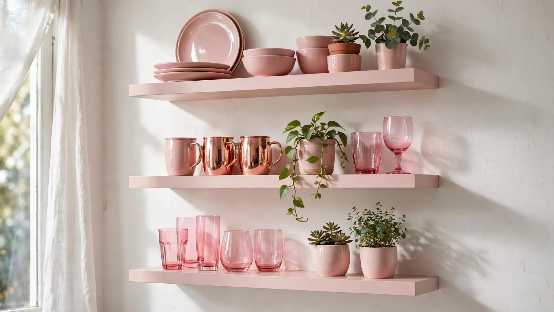 Pink Kitchen Decor: 20 Sweet & Sophisticated Ideas 6 Pink kitchen decor with blush pink open shelves displaying pink dishware