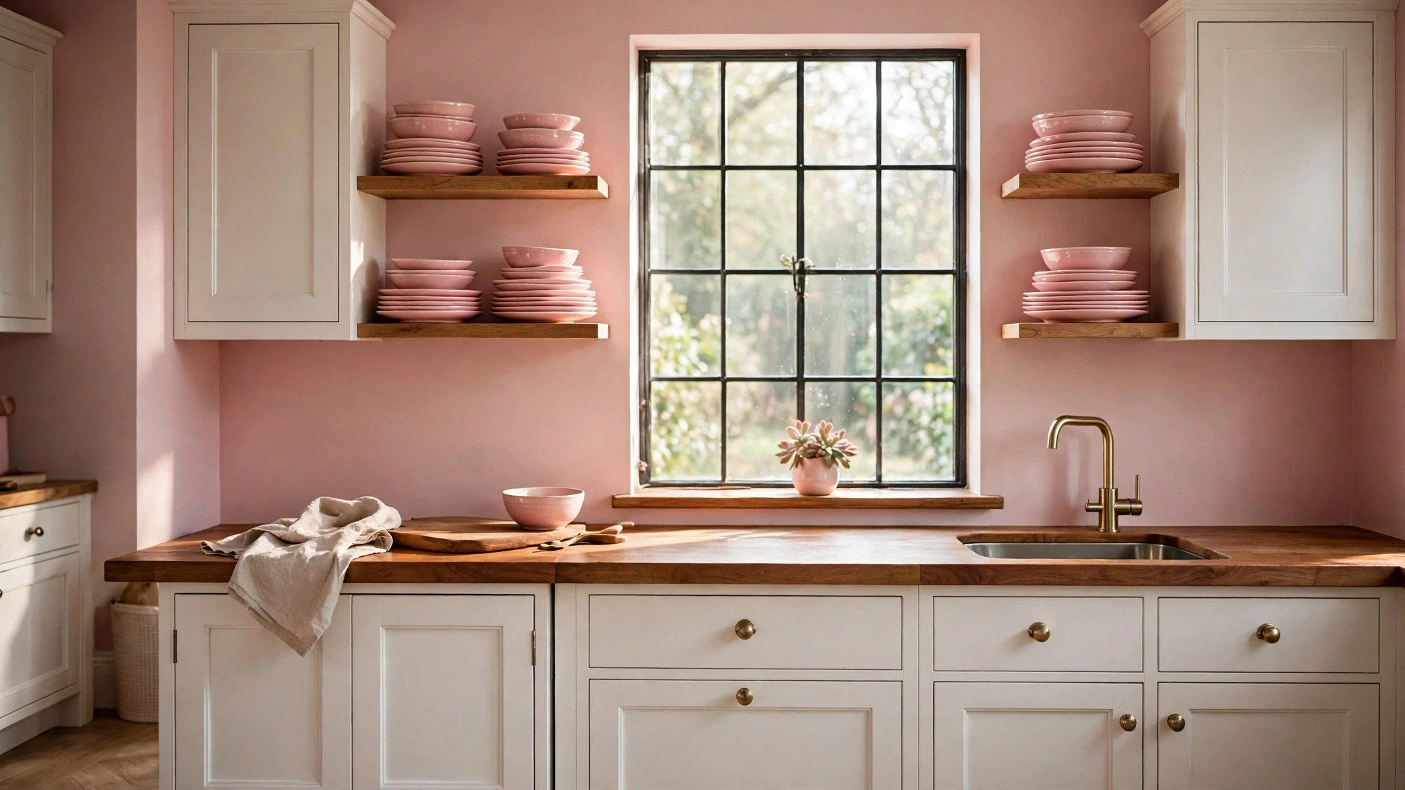 Pink Kitchen Decor: 20 Sweet & Sophisticated Ideas 3 Soft pink kitchen decor with pink painted walls and white shaker cabinets