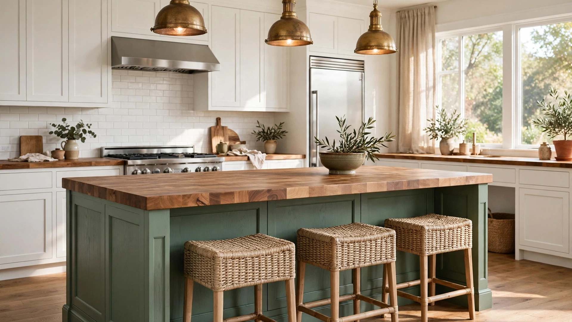 15 Sage Green Kitchen Ideas 3 Sage green kitchen island with butcher-block top and woven stools as the focal point
