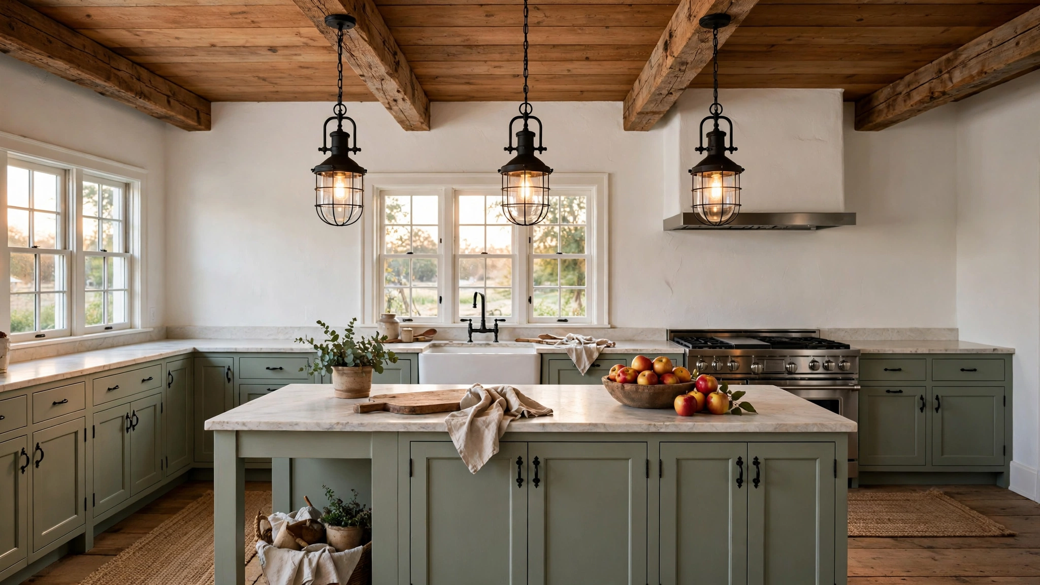 15 Sage Green Kitchen Ideas 6 Rustic farmhouse kitchen with sage green cabinets under exposed wood ceiling beams