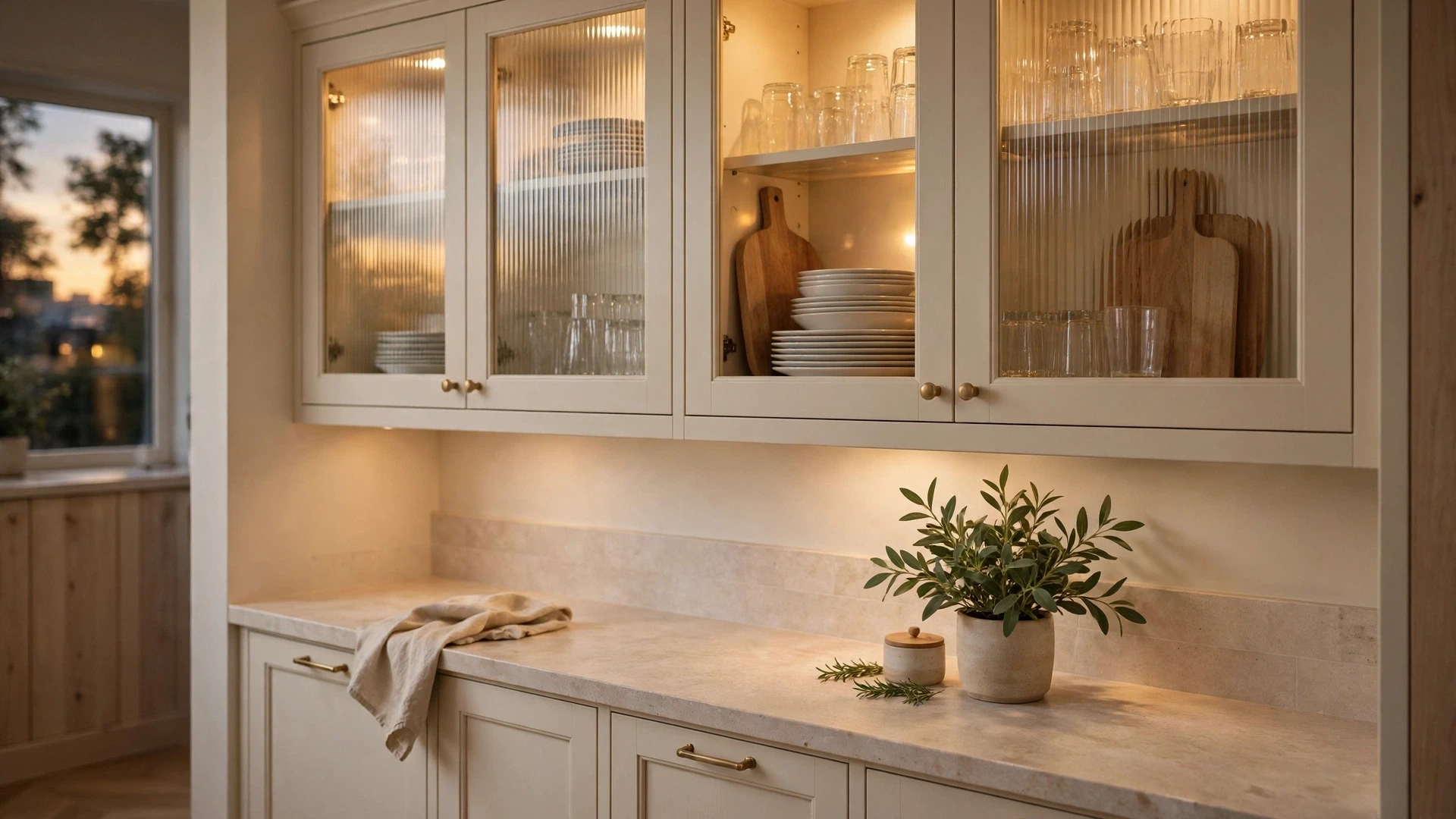 15 Small Kitchen Ideas That Feel So Much Bigger 2 Glass-front upper cabinets with stacked white dishes and warm interior lighting