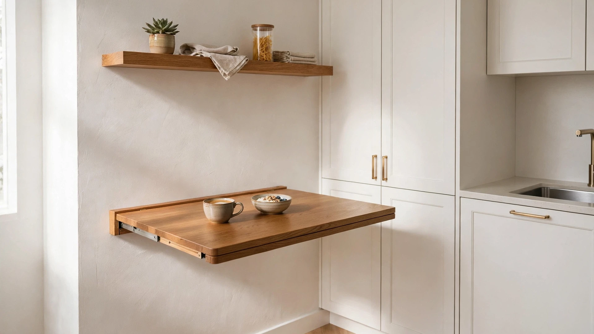 15 Small Kitchen Ideas That Feel So Much Bigger 4 Wall-mounted fold-down wooden table opened at counter height in a small kitchen
