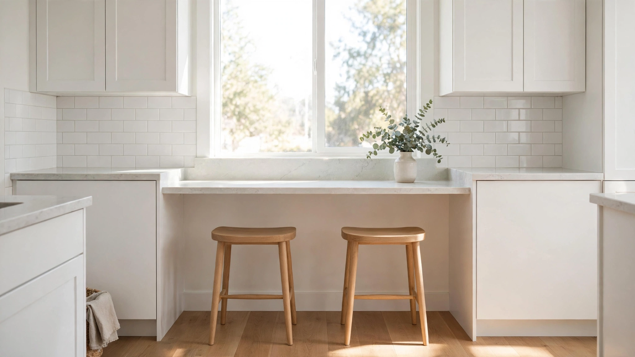 15 Small Kitchen Ideas That Feel So Much Bigger 5 Slim breakfast ledge under a sunny window with backless stools tucked underneath