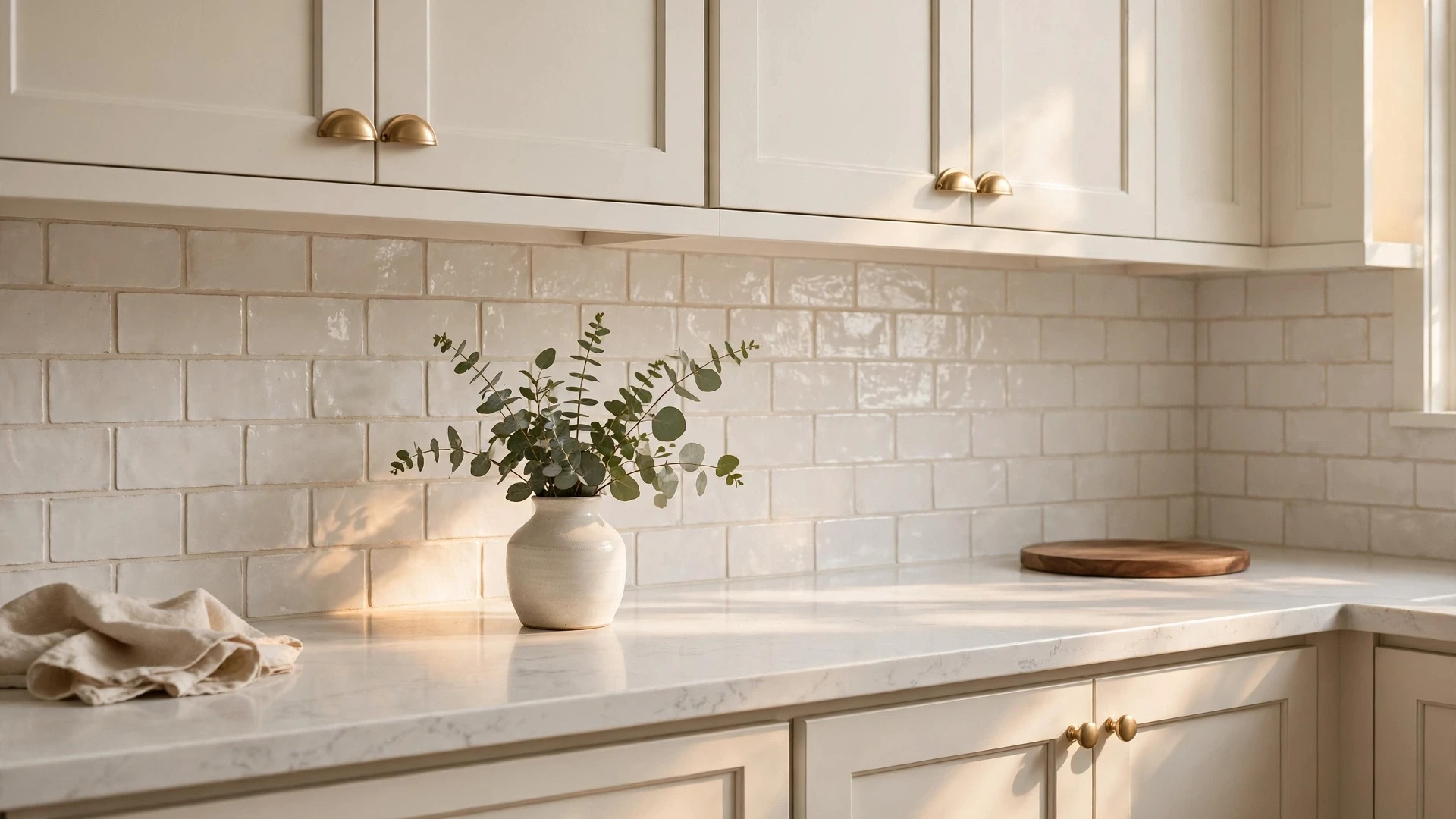 15 Bright & Timeless White Kitchen Ideas 2 White shaker cabinets with brass cup pulls and handmade white subway tile
