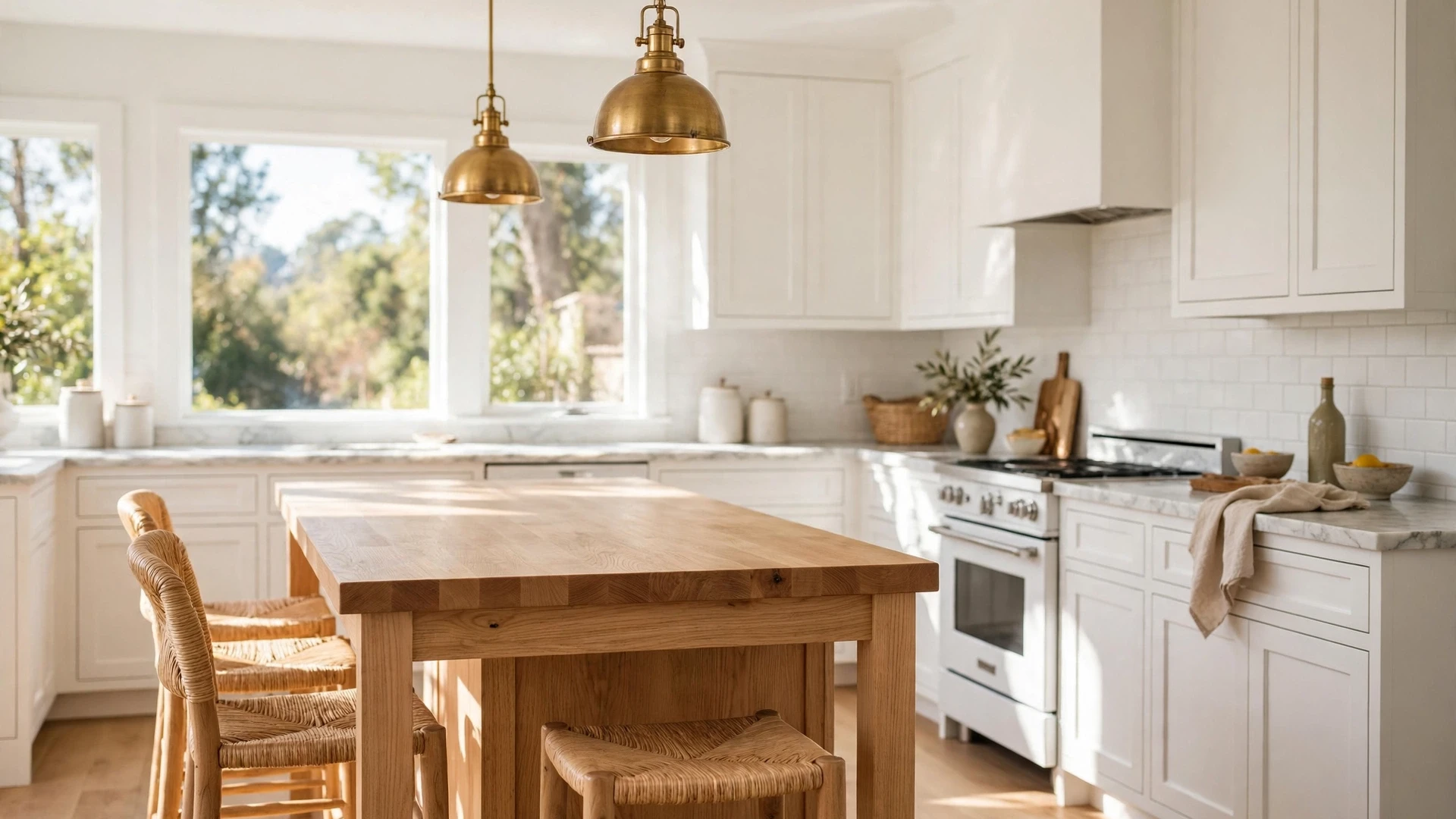 15 Bright & Timeless White Kitchen Ideas 4 Warm white oak island with butcher block top in an all-white kitchen