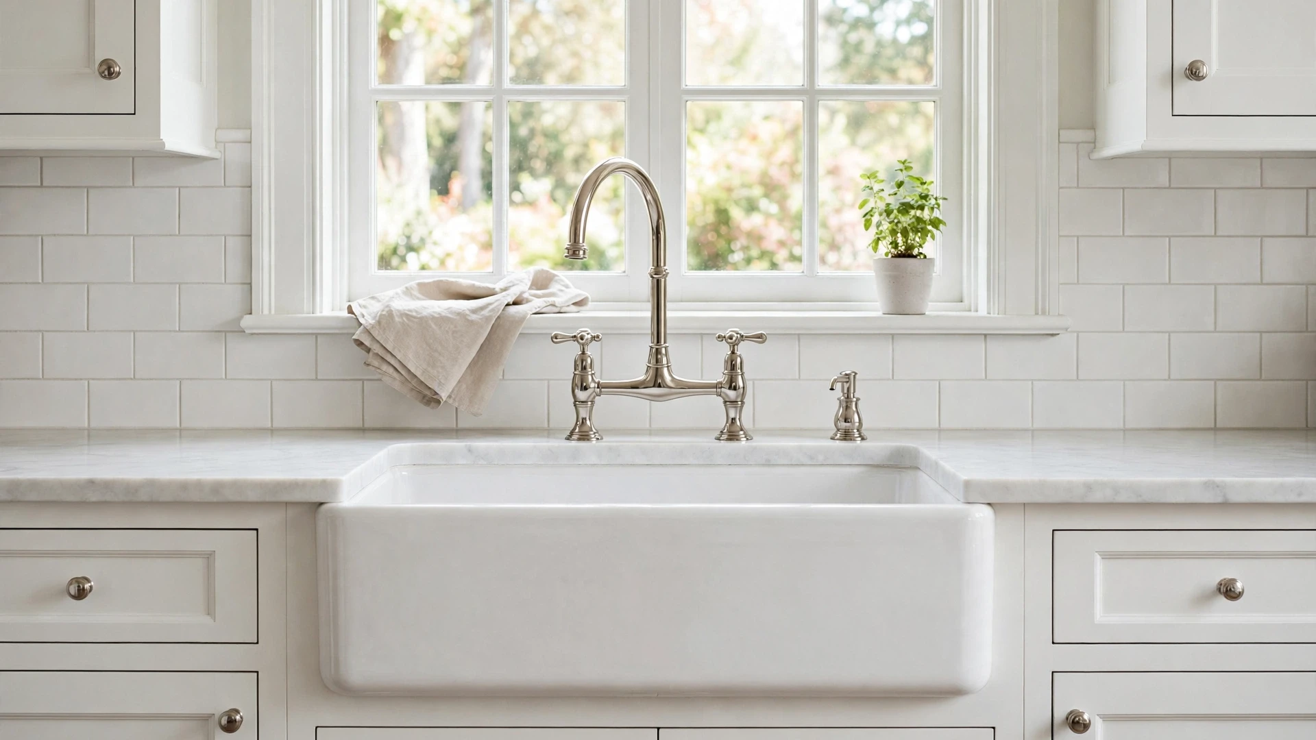 15 Bright & Timeless White Kitchen Ideas 5 White apron-front farmhouse sink with a high-arc polished nickel faucet